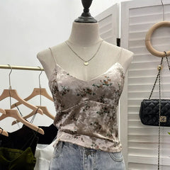 Pydshop Women's Retro Chic Floral Print Velvet Spaghetti Strap Camisole Top Sleeveless Tube Top With Padded Base 8965 PartyClub Outfits