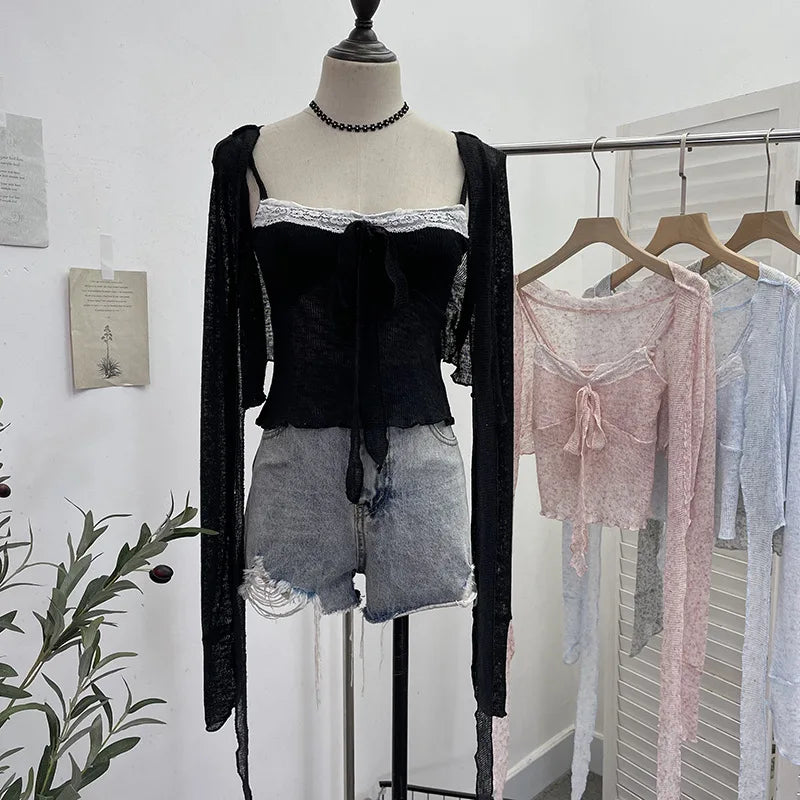 Pydshop Ladies Hottie Lace Bow Lace Up Camisole Short Irregular Streamer Long Sleeve Cardigan Top Knitted Two-Piece Set Y2K Sweety Top
