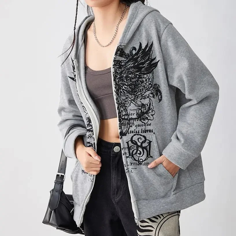 Pydshop hirigin Gothic Sweatshirt Women y2k Clothes Graphic Print Zip Up Long Sleeve Tops with Pockets Fairy Grunge Hoodie Streetwear