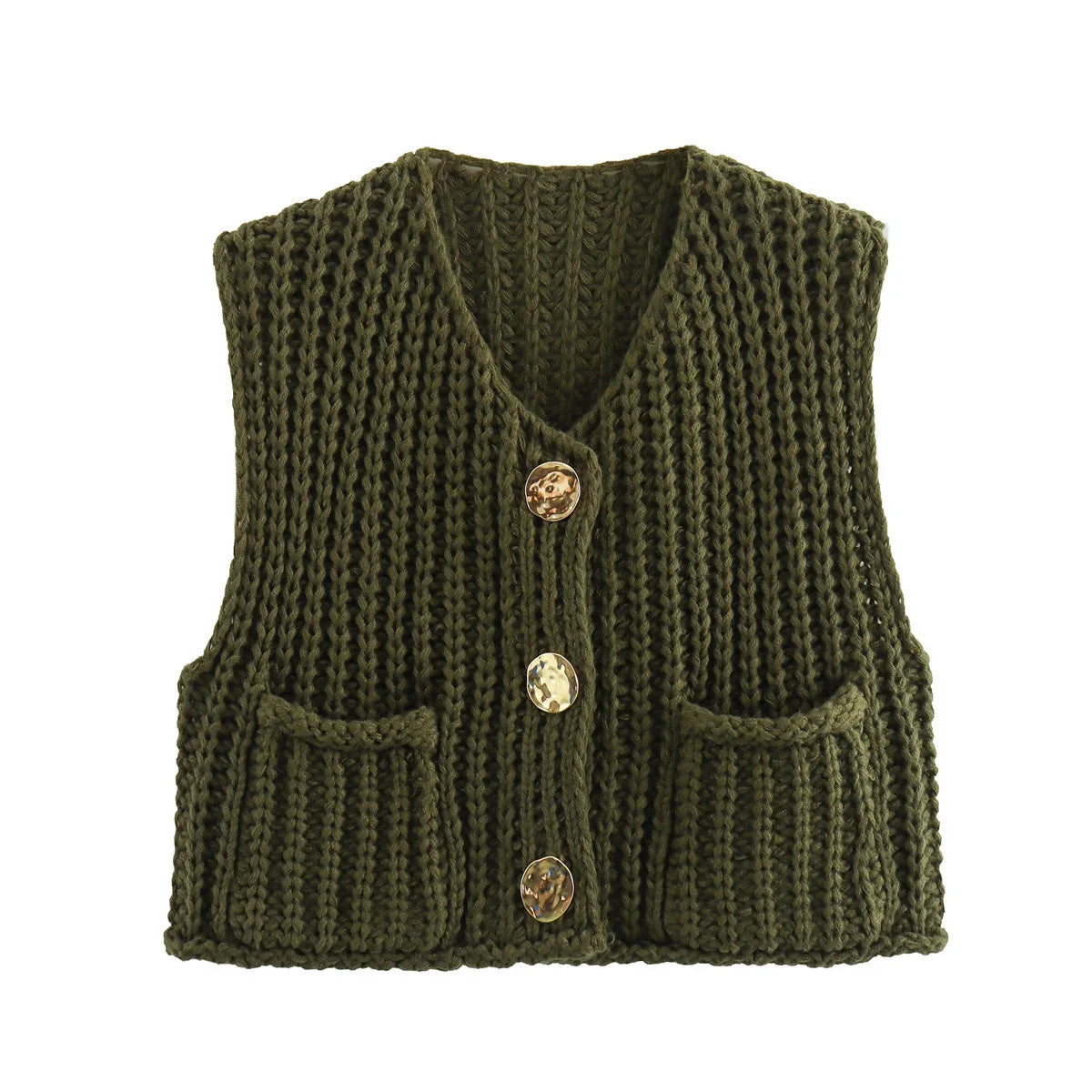 Pydshop Fashion Sleeveless Knitted Cardigan Vests For Women Autumn New Short Sweater Button With Pockets Solid Color Knitted Top
