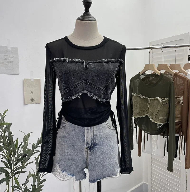 Pydshop Hot Girl American Retro Denim Mesh Patchwork Top Sexy See Through Drawstring Long Sleeve Short T-shirt Party Casual Streetwear