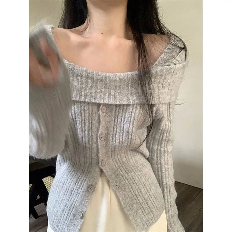Pydshop  Korean Gray Off Shoulder Knit Sweater Women Old Money Style Long Sleeve Jerseys Y2K Gyaru Slash Neck Basic Jumper Tops