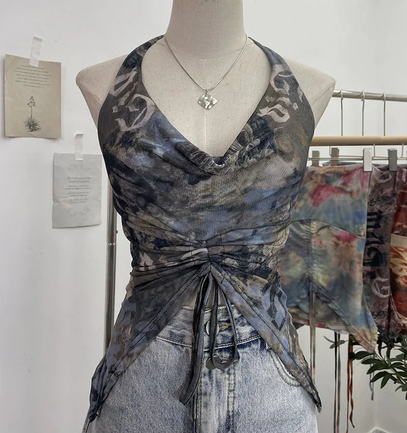 Pydshop Women's Resort Swing Collar Drawstring Strap Halter Vest Tie-Dye Mesh Top Sexy Backless Irregular Vest Party Leisure Essential