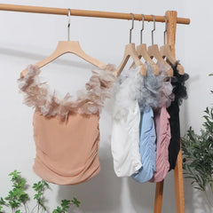 Pydshop Women's Retro Three Dimensional Floral One Shoulder Camisole Tube Top Sexy Pleated Mesh Short Slim Fit Sleeveless Top Outfits