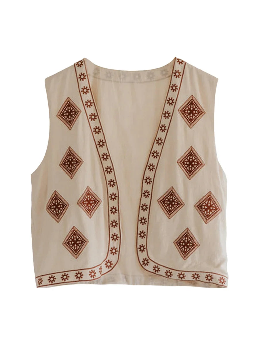 Pydshop Y2k Retro Quilted Boho Vest Women's Sleeveless Embroidered Linen Shirt Cardigan Vintage Crochet Floral Vest Tops Fashion New