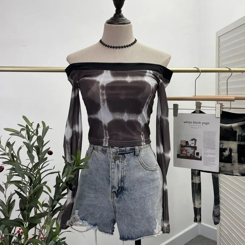 Pydshop Women's Sexy Boat Neck Double Layer Mesh Long Sleeve T-Shirt TieDye Print Short Navel Baring Hottie Top 2300 PartyClub Outfits