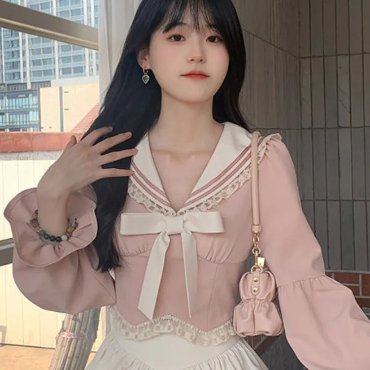 Pydshop Fashion Sweet Sailor Collar Bow Long Sleeve Tops Women+ Y2k E-Girl High Waist Ruffles A-line Skirts Summer New Two Piece Sets