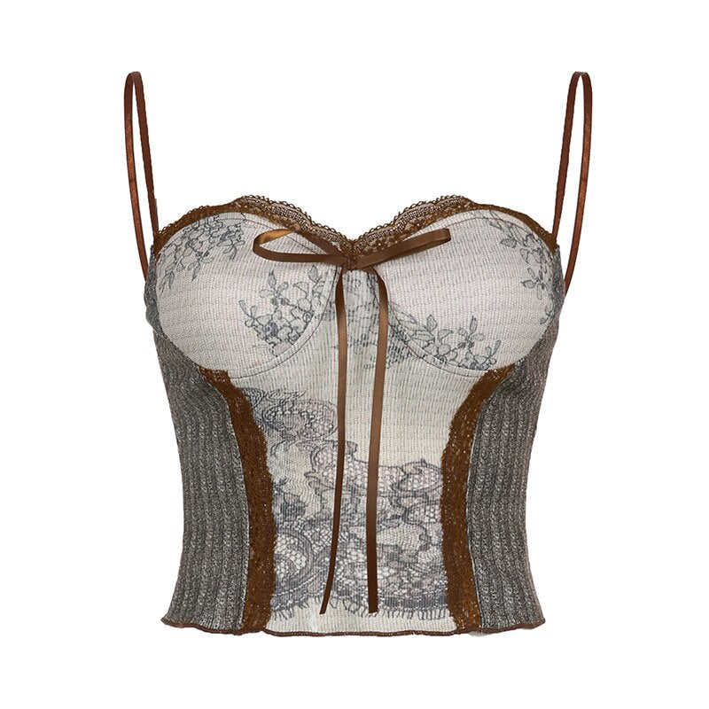 Pydshop Brown Lace Patchwork Slim Sleeveless Top