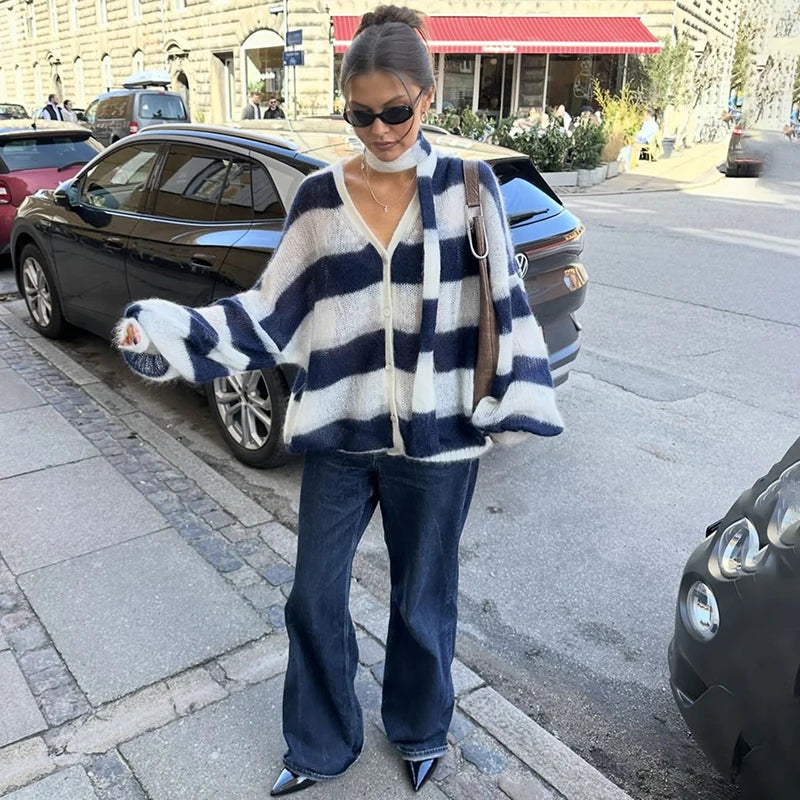 Pydshop Fashion Striped Sweater Cardigan With Scarf Female Loose Thin Hollow Knitted Top Lantern Sleeve Contrast Color Retro Top