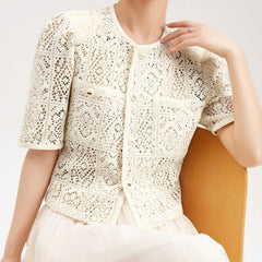 Pydshop Shirt Women Lace Solid Minimalist Hollow Out Popular Leisure Female Tender Korean Style Summer New Top