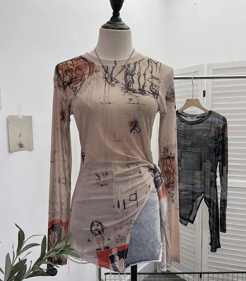 Pydshop Women's Retro Tie Dye Printed Mesh Bottoming Long Sleeve Top Sexy See-through Irregular Strappy Short T-Shirt Party Streetwear