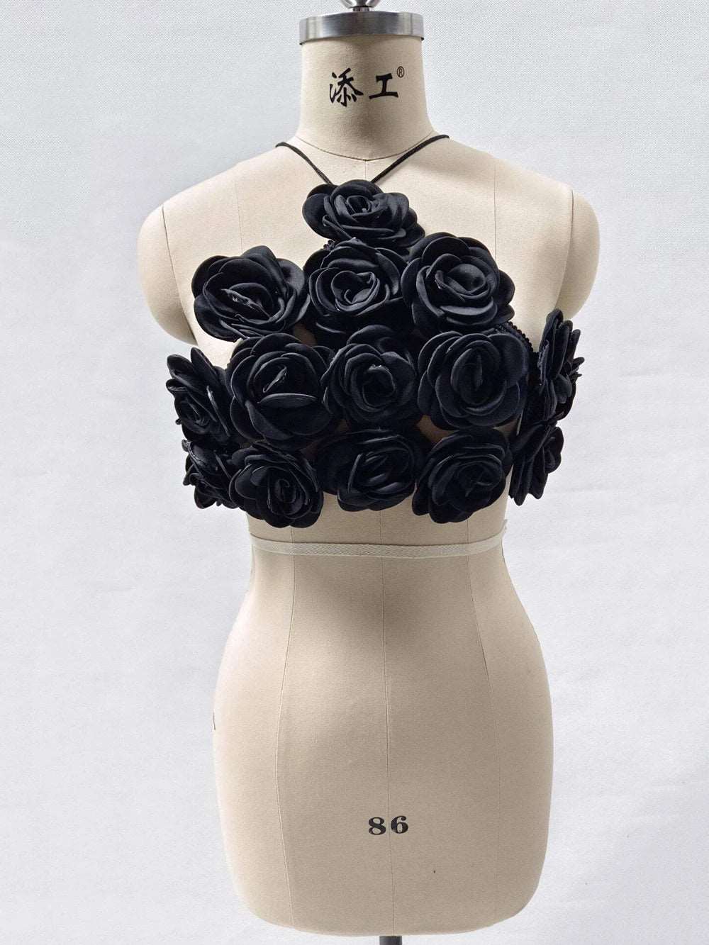 Pydshop 3D Flower Splicing Lace-Up Design Black Crop Top