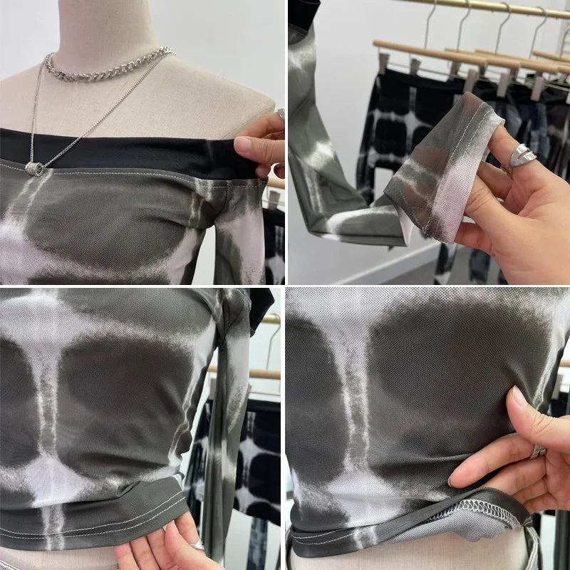 Pydshop Women's Sexy Boat Neck Double Layer Mesh Long Sleeve T-Shirt TieDye Print Short Navel Baring Hottie Top 2300 PartyClub Outfits