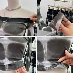 Pydshop Women's Sexy Boat Neck Double Layer Mesh Long Sleeve T-Shirt TieDye Print Short Navel Baring Hottie Top 2300 PartyClub Outfits