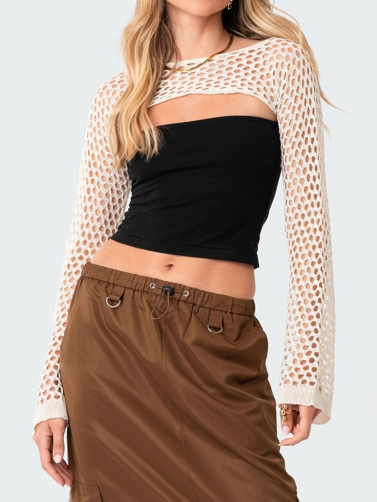 Pydshop High Street Spice Fashion Hollow out Broken Knitted Hotel Party Casual Lace up Top Garment Long Sleeve Shawl Accessories0821