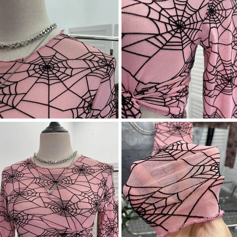 Pydshop Spider Print Mesh See Through Bottoming  Long Sleeve T-shirt Dark Hot Girl Slim Short Top y2k PartyClub Wear Daily Essential9908