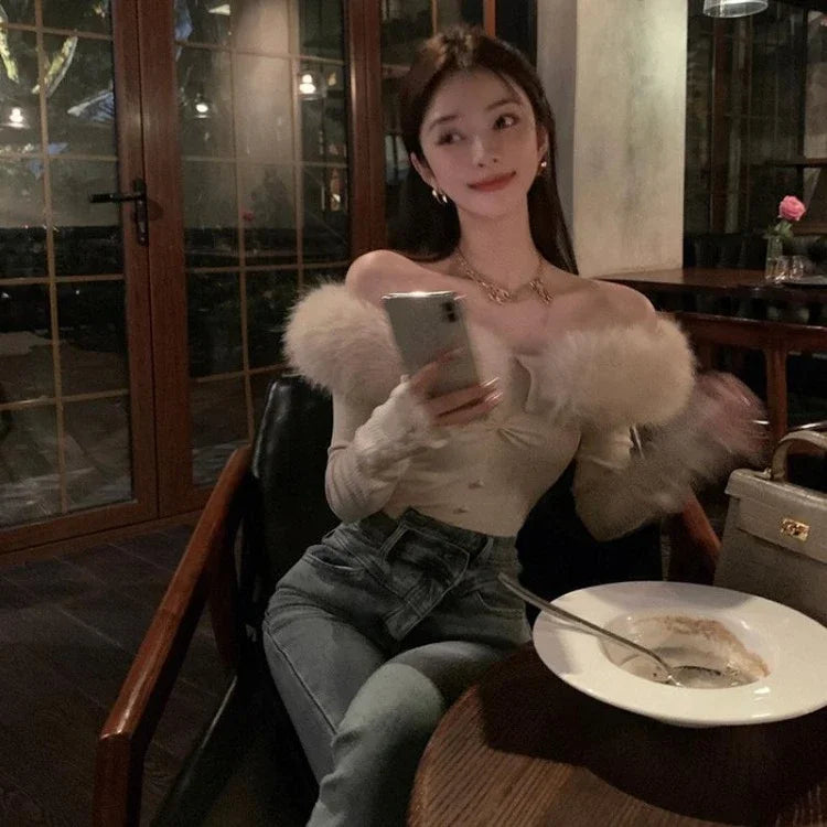 Pydshop Sexy Off Shoulder Long Sleeve Tops Mujer Y2k Slim Fit Knitted T-shirt for Women 2024 Early Autumn New Detachable Tee Shirt