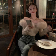 Pydshop Sexy Off Shoulder Long Sleeve Tops Mujer Y2k Slim Fit Knitted T-shirt for Women 2024 Early Autumn New Detachable Tee Shirt