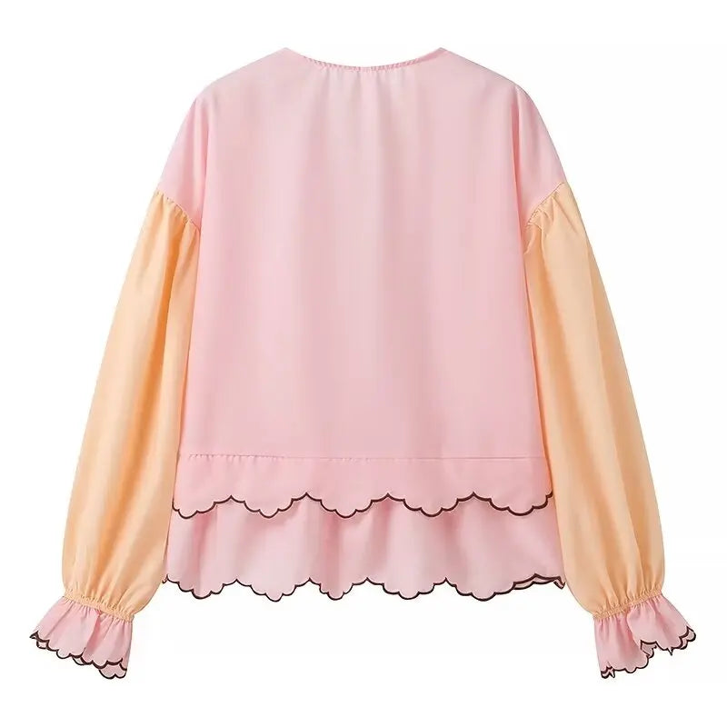 Pydshop Contrast Puff Sleeve V-Neck Lacing Up Bow Wave Line Hem Top