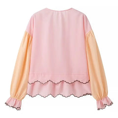 Pydshop Contrast Puff Sleeve V-Neck Lacing Up Bow Wave Line Hem Top
