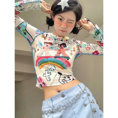 Pydshop Harajuku Kawaii Vintage Graffiti Print T-shirts Y2k Long Sleeve Bottoming Tops Women 204 Summer New O-neck Slim Fit Tee Shirt