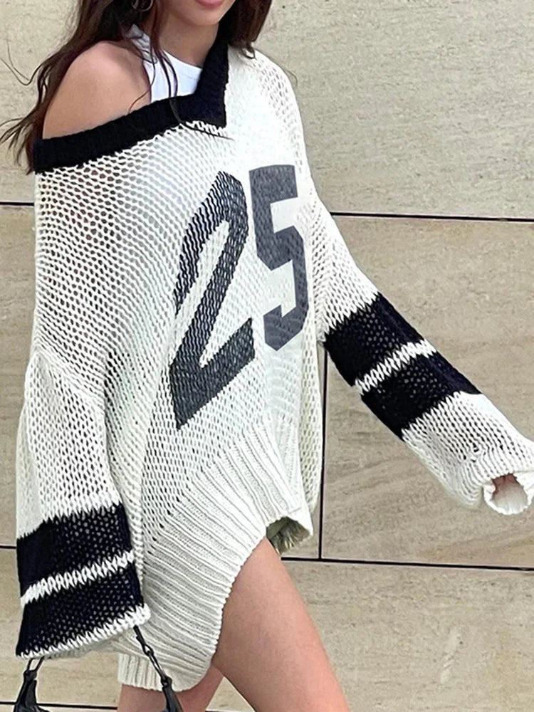 Pydshop Digital Print Contrast Color Pullover Sweater For Women Hollow See Through V-neck Long Sleeve Loose Casual Sports Top