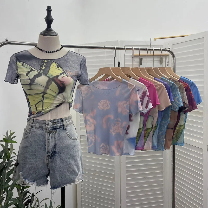 Pydshop Women's 2024 Retro Thin Mesh Butterfly Print Slim Short Sleeve T-Shirt Women's Summer Short Hot Girl Top Holiday Mini Summer Tee