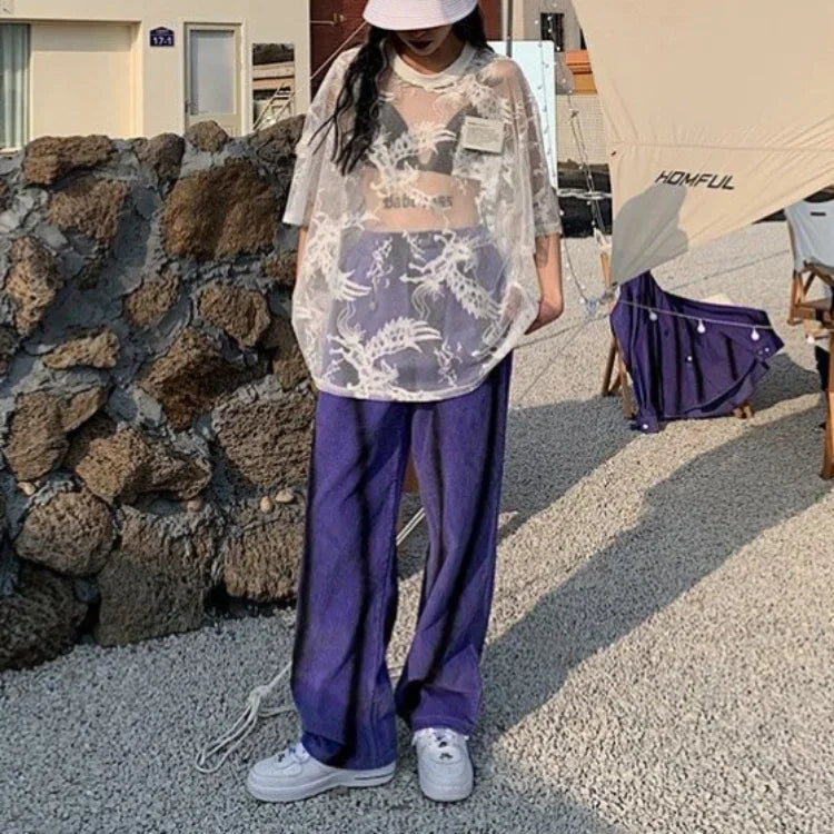 Pydshop Japanese O-neck Oversize Tee Shirt Summer Sexy See Through Mesh Lace T-shirt Y2k E-Girl Short Sleeve Bottoming Tops Women