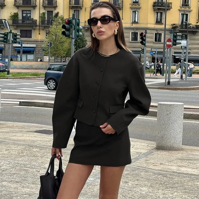 Pydshop Fashion Cardigan Skirt Two Pieces Set Female Button Long Sleeve Top Slim Solid Mini Skirt Chic Matching Set Autumn Casual