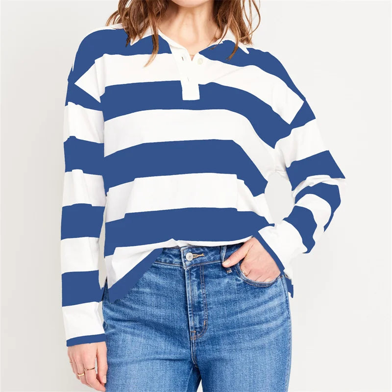 Pydshop Harajuku Striped Sweatshirt Women Y2k Preppy Style Turn-down Collar Loose Pullover Korean Fashion Sweatshirt Long Sleeve Tops