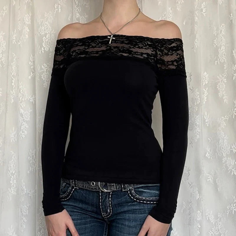 Pydshop 2024 Fashion Woman tops y2k style Vintage Black Skinny Lace Trim Top