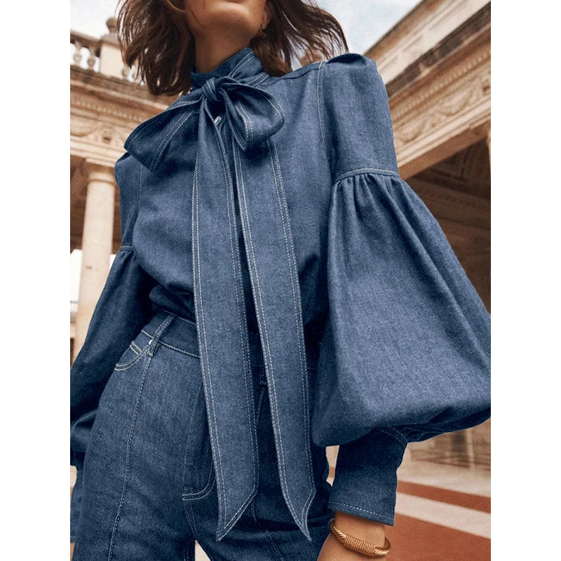 Pydshop Denim Puff Sleeve High Neck Top