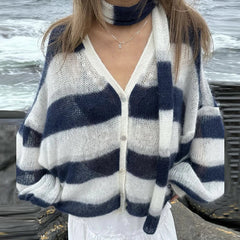 Pydshop Fashion Striped Sweater Cardigan With Scarf Female Loose Thin Hollow Knitted Top Lantern Sleeve Contrast Color Retro Top