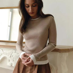 Pydshop Fall Winter Contrast Color Knitted Sweater Female Long Sleeve Thin Knitted Bottoming Stitching Rabbit Fleece Pullover Top