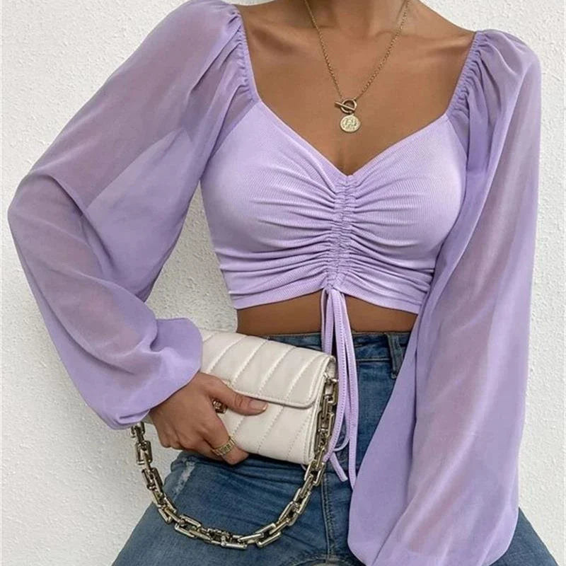 Pydshop Horetong Women's Sexy V-neck Off-Shoulder Blouses Summer Drawstring Bandage Long Sleeve Tops Ladies Korean Fashion Short Clothes