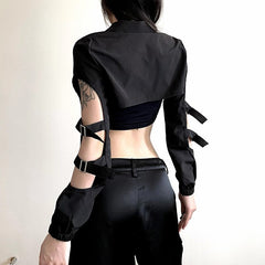 Pydshop Black Buckle Turtleneck Pullover Smock Zipper Top