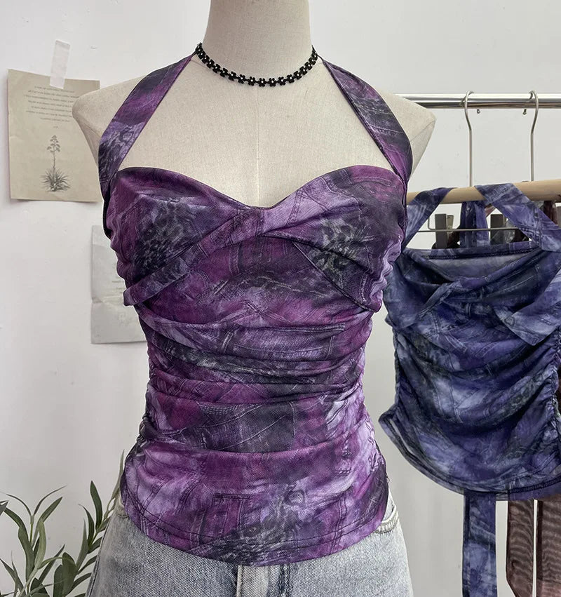 Pydshop Tie Dye Denim Print Pleated Mesh Camisole Women's Halter Tie Bow Halter Crop Top Cute Party Sweats Holiday Mini Vest Summer Tee