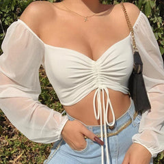 Pydshop Horetong Women's Sexy V-neck Off-Shoulder Blouses Summer Drawstring Bandage Long Sleeve Tops Ladies Korean Fashion Short Clothes