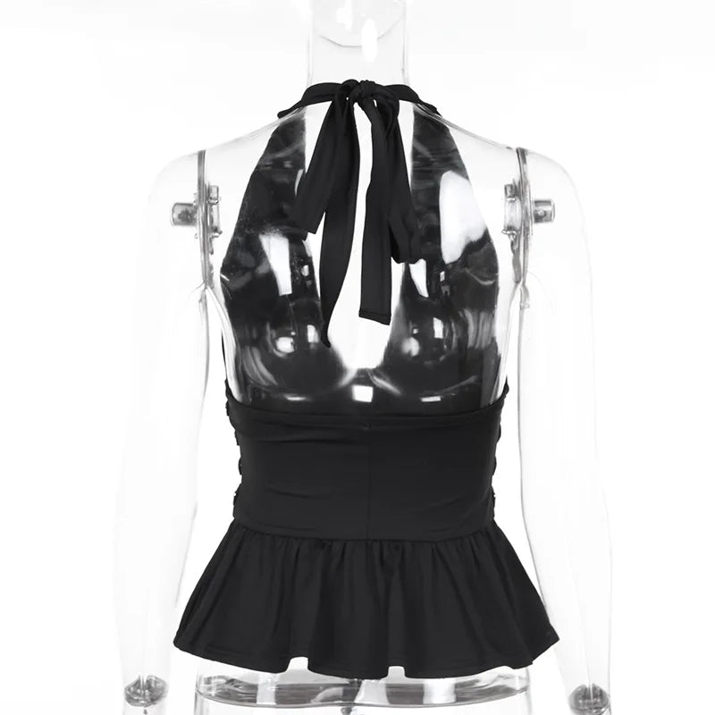 Pydshop Beading Deep V Halter Neck Open Back Crop Top