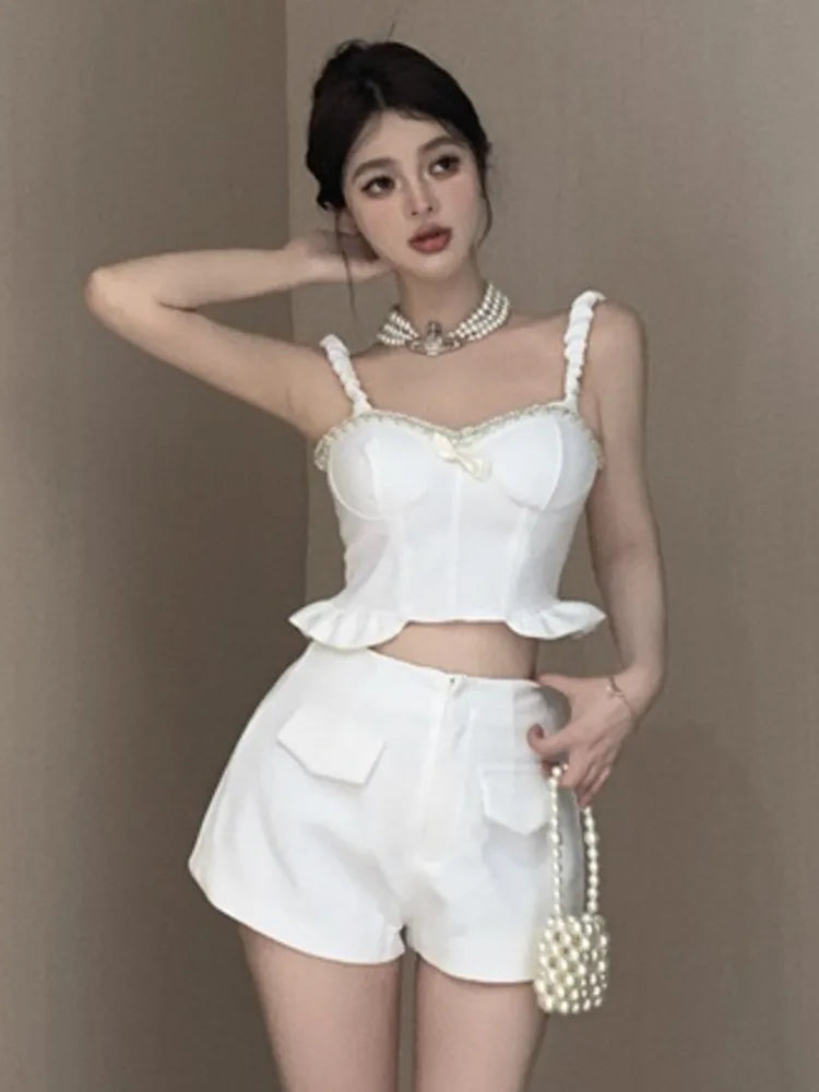 Pydshop Hotsweet Small Fragrant Two Piece Set Women Pearl Beading Sexy Sling Crop Top + High Waist Short Sets Summer 2 Piece Pant Sets