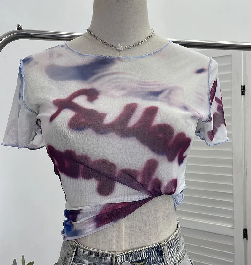 Pydshop Women's 2024 Retro Thin Mesh Butterfly Print Slim Short Sleeve T-Shirt Women's Summer Short Hot Girl Top Holiday Mini Summer Tee