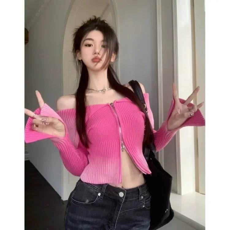 Pydshop Gradient Sexy Off Shoulder Sweaters Women Autumn Slim Fit Double Zipper Knitted Cardigan Y2k E-Girl Long Sleeve Tops Mujer