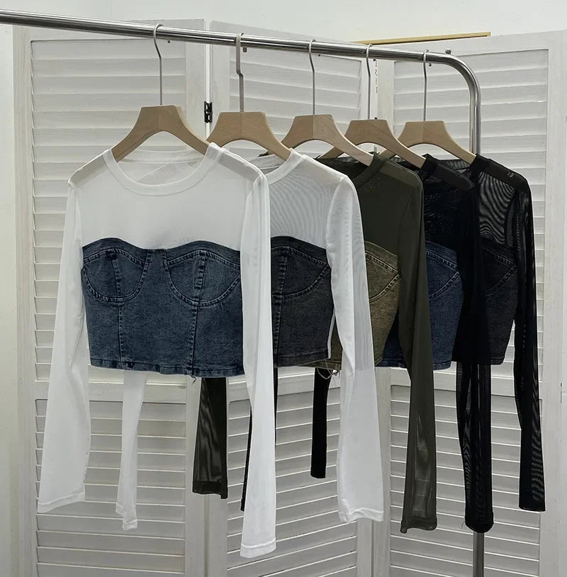 Pydshop Women Street Fake Two Piece Denim Splicing Mesh Long Sleeve Slim Fit Crop Top Y2K Top Casual Holiday PartyClub Streetwear 2623