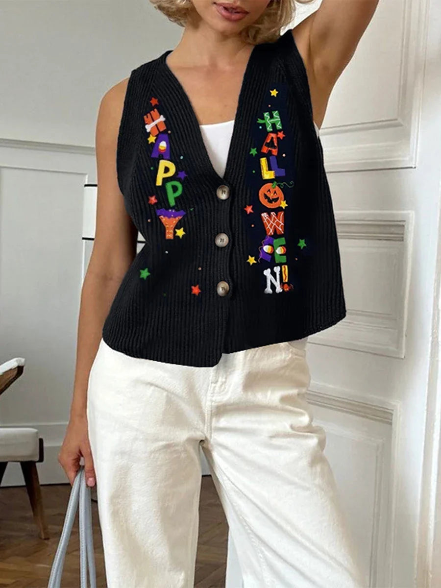 Pydshop Halloween Sweater Vest for Women Vintage Embroidered Pumpkin Face Button Crochet Tank Y2K Spooky Knit Vest Tops
