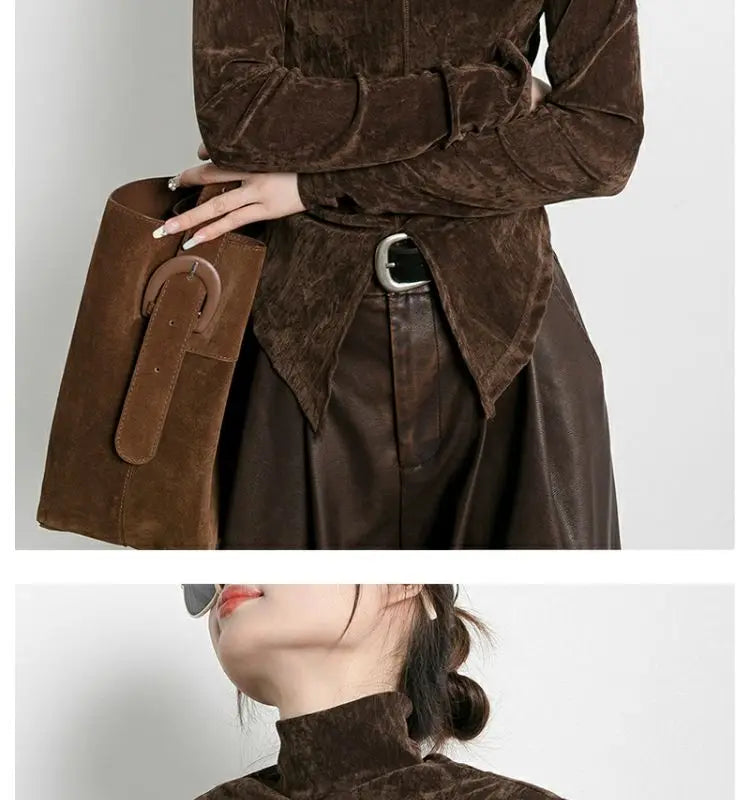 Pydshop Front Side-slit Solid Color Soft Long Sleeve Top