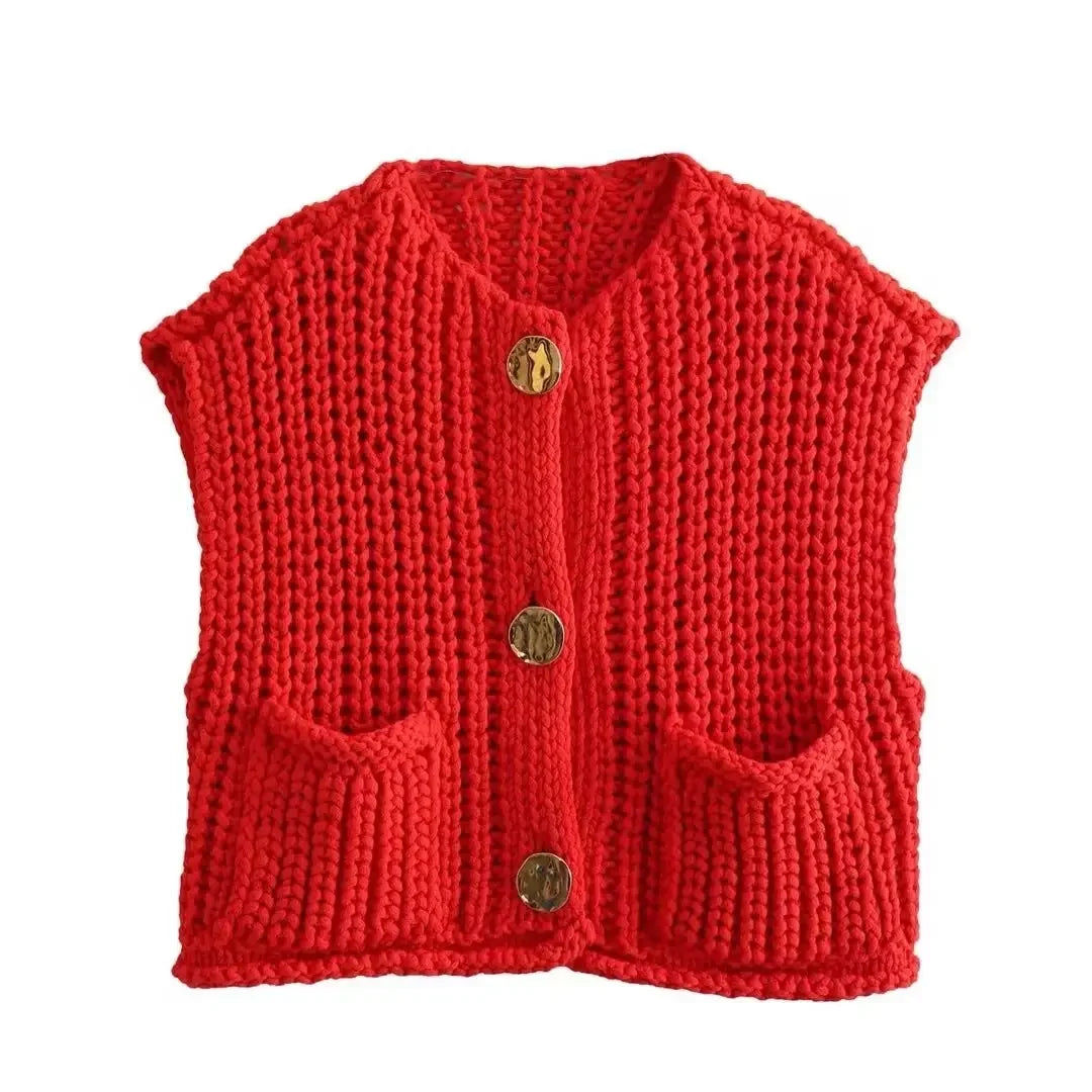 Pydshop Fashion Sleeveless Knitted Cardigan Vests For Women Autumn New Short Sweater Button With Pockets Solid Color Knitted Top