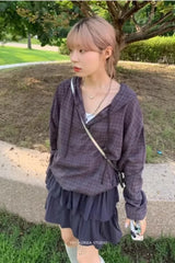 Pydshop Korean Retro Plaid Drawstring Hoodie Button Tops Women 2024 Autumn New Loose Blouses Y2k Grunge Long Sleeve Blusas Mujer Shirt