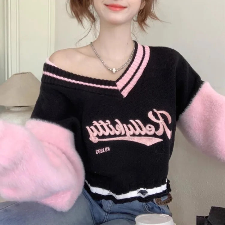 Pydshop Korean Sweet V-neck Off Shoulder Pullovers 2024 Autumn New Embroidery Lazy Tops Women Y2k E-Girl Long Sleeve Sweaters Mujer