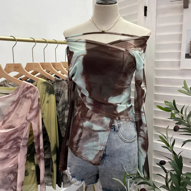 Pydshop Women's Sexy Irregular Cross V-Neck Long Sleeve Top Sexy Tie Dye Print Pleated Mesh Off Shoulder Top Casual Party Streetwear