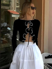 Pydshop Elegant Lace Up Cardigan Women's Navel Cut Out Sexy Long Sleeve Ruffled Short Hot Girl Slim Fit Outwear Top Fall Fashion